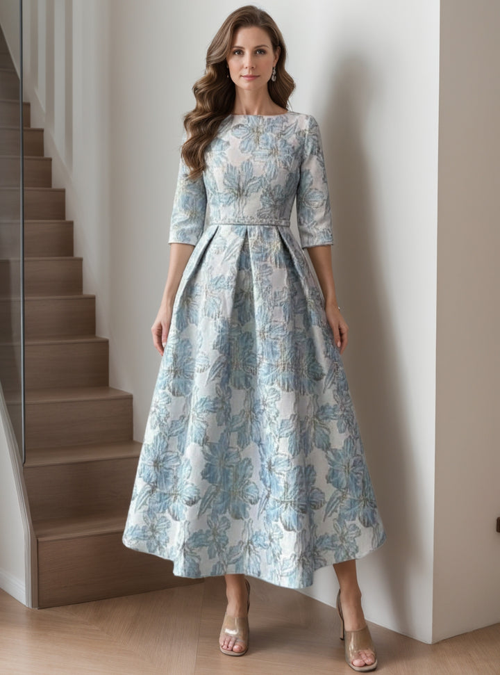 A-Line/Princess Scoop Printed Satin Mother of the Bride Dresses Half Sleeves Floral Tea-Length Sash