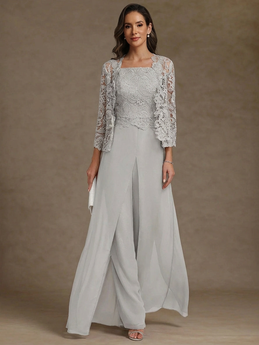 3 Pieces Square Collar Chiffon Mother of the Bride Pantsuits with Jacket Lace Ankle-Length with Overskirt Long Sleeves