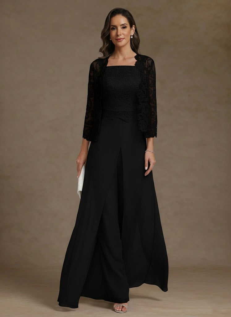 3 Pieces Square Collar Chiffon Mother of the Bride Pantsuits with Jacket Lace Ankle-Length with Overskirt Long Sleeves