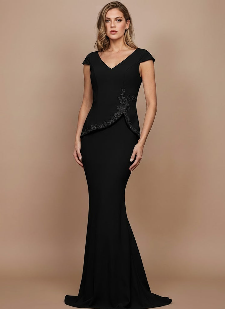 Trumpet/Mermaid V-Neck Stretch Satin Mother of the Bride Dresses Floor-Length Cap Sleeves Lace Appliques