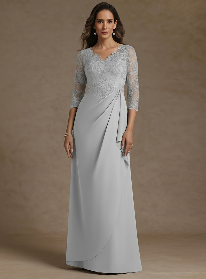 Sheath/Column V-Neck Chiffon Mother of the Bride Dresses Lace Floor-Length 3/4 Sleeves Ruched