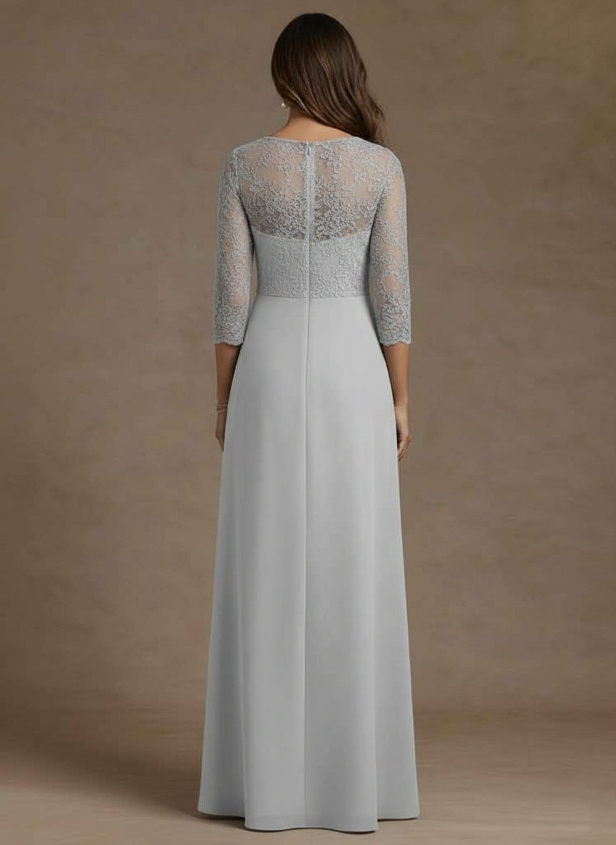 Sheath/Column V-Neck Chiffon Mother of the Bride Dresses Lace Floor-Length 3/4 Sleeves Ruched