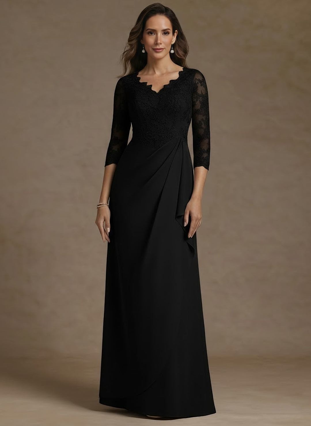 Sheath/Column V-Neck Chiffon Mother of the Bride Dresses Lace Floor-Length 3/4 Sleeves Ruched