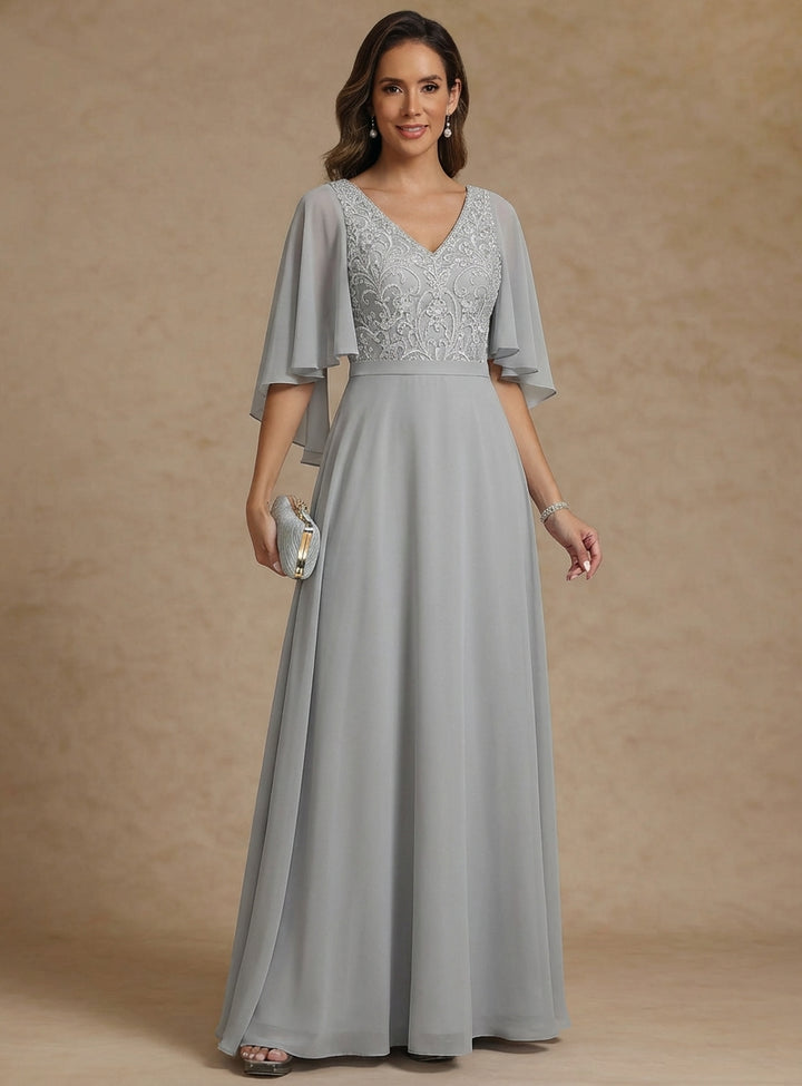 A-Line/Princess V-Neck Chiffon Mother of the Bride Dresses Lace Floor-Length Short Sleeves