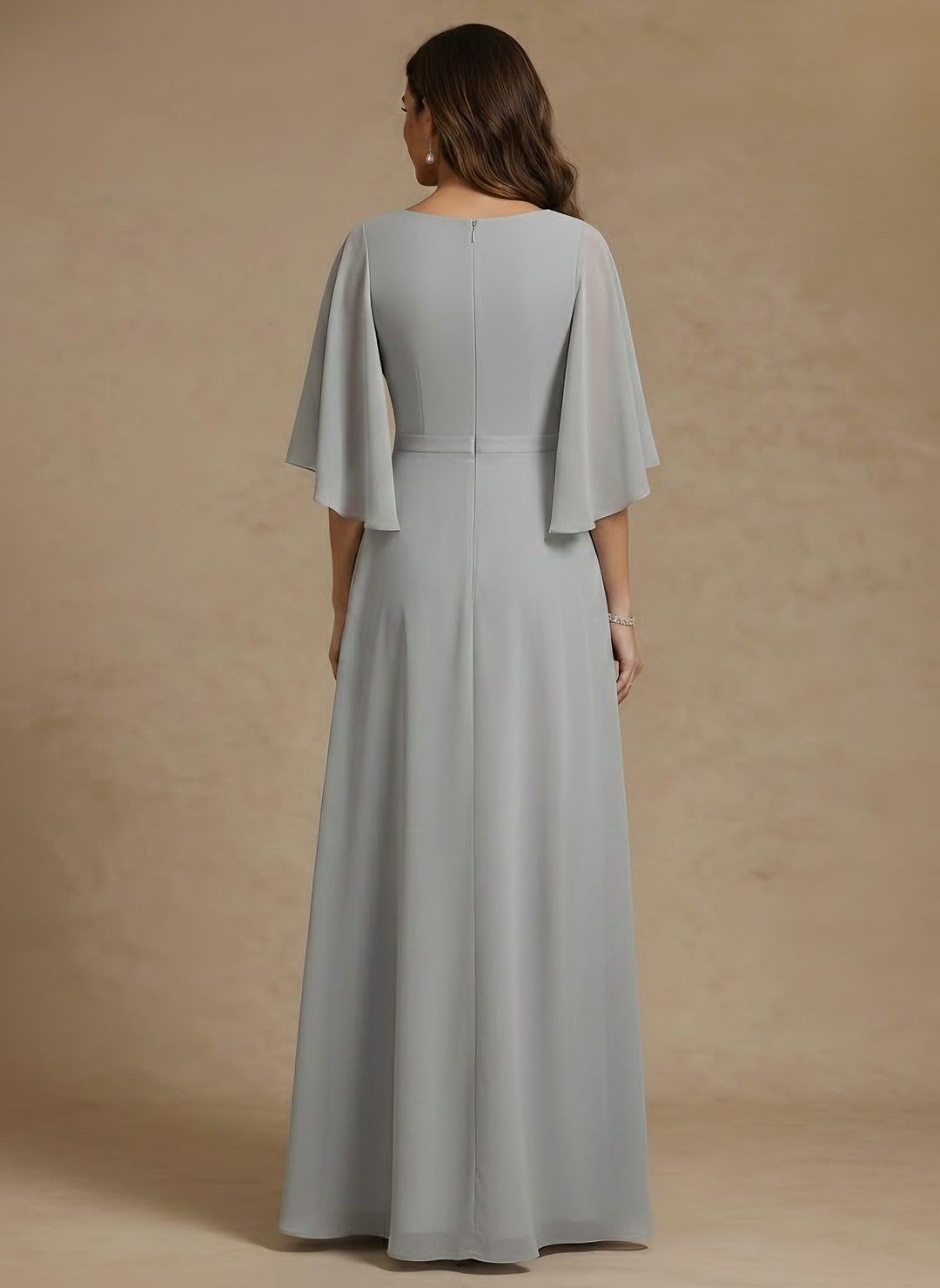 A-Line/Princess V-Neck Chiffon Mother of the Bride Dresses Lace Floor-Length Short Sleeves