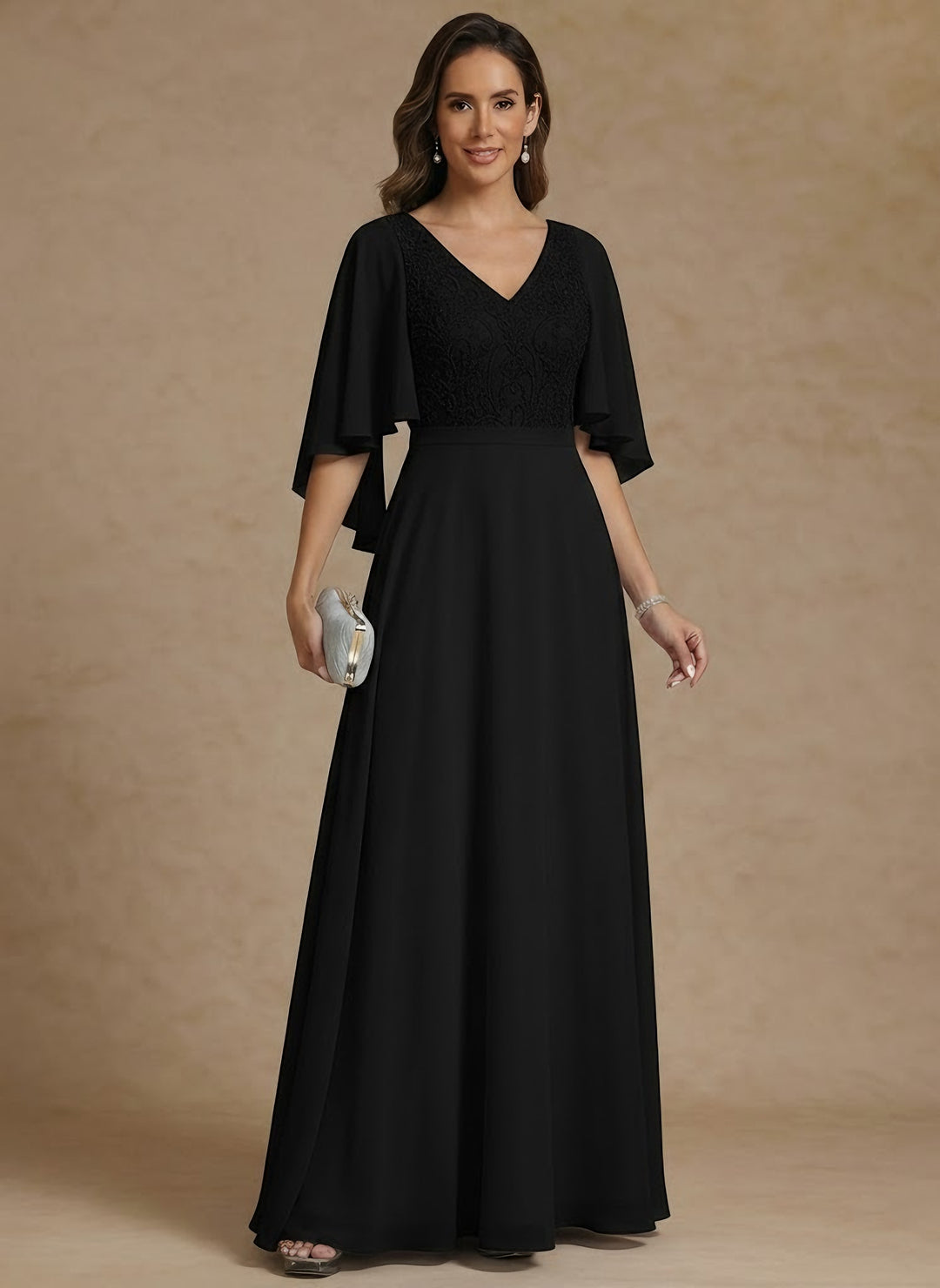 A-Line/Princess V-Neck Chiffon Mother of the Bride Dresses Lace Floor-Length Short Sleeves