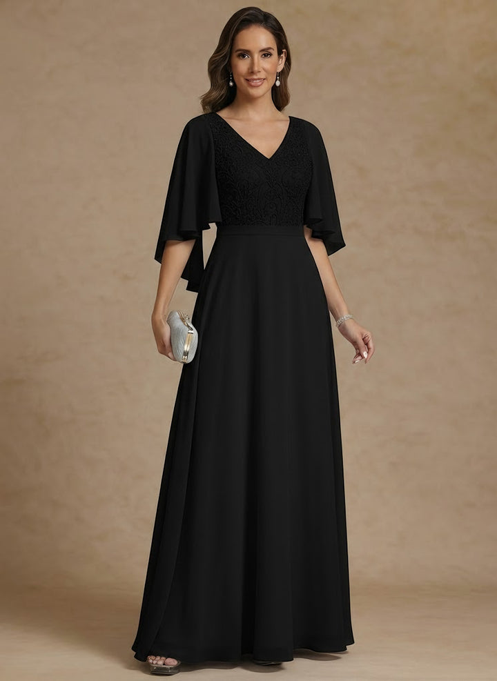 A-Line/Princess V-Neck Chiffon Mother of the Bride Dresses Lace Floor-Length Short Sleeves