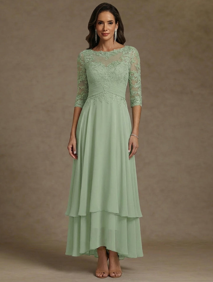 A-Line/Princess Scoop Chiffon Mother of the Bride Dresses Lace Ankle-Length 3/4 Sleeves Pleated