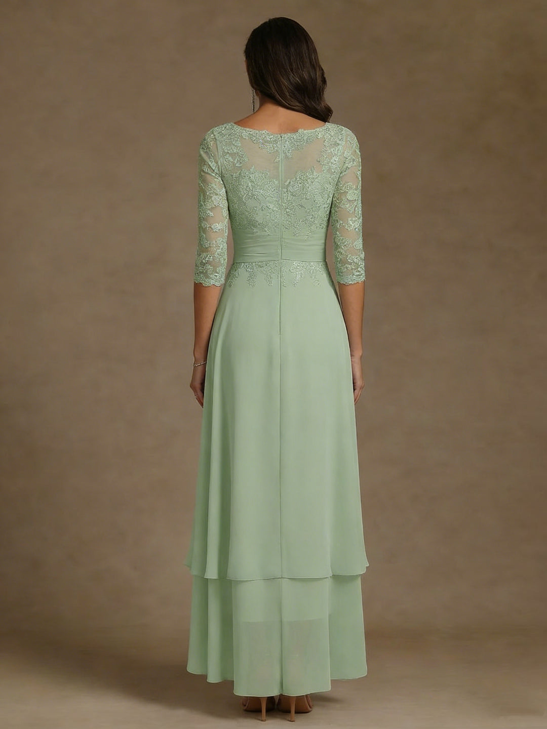 A-Line/Princess Scoop Chiffon Mother of the Bride Dresses Lace Ankle-Length 3/4 Sleeves Pleated