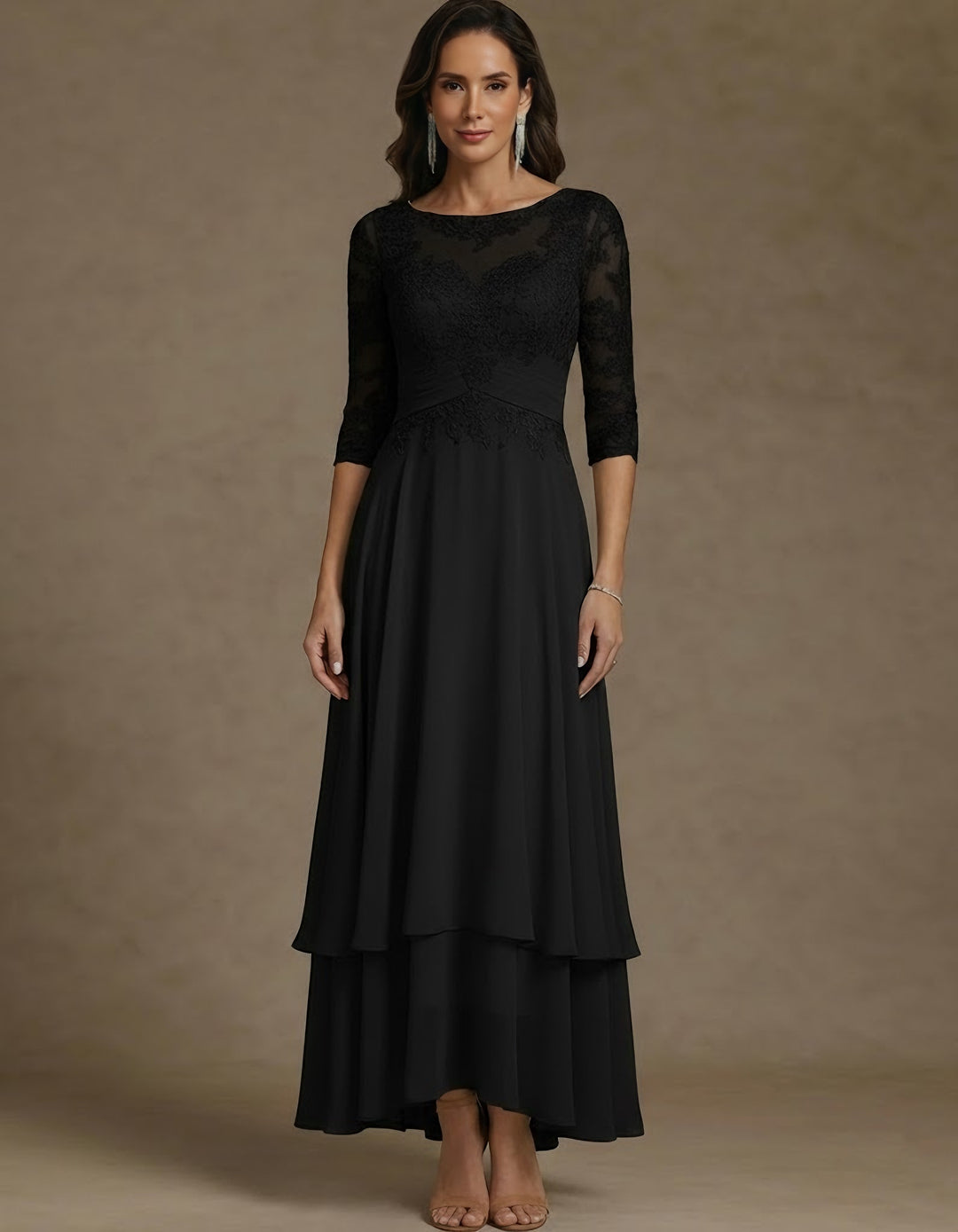 A-Line/Princess Scoop Chiffon Mother of the Bride Dresses Lace Ankle-Length 3/4 Sleeves Pleated