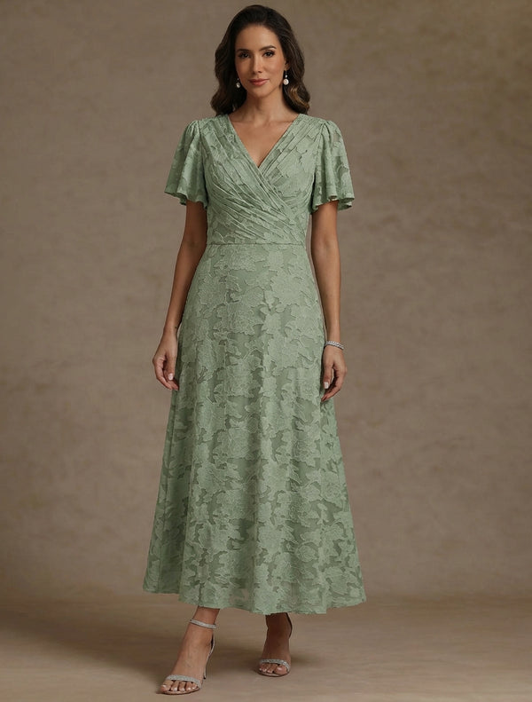A-Line/Princess V-Neck Floral Burnout Mother of the Bride Dresses Short Sleeves Ankle-Length Ruched