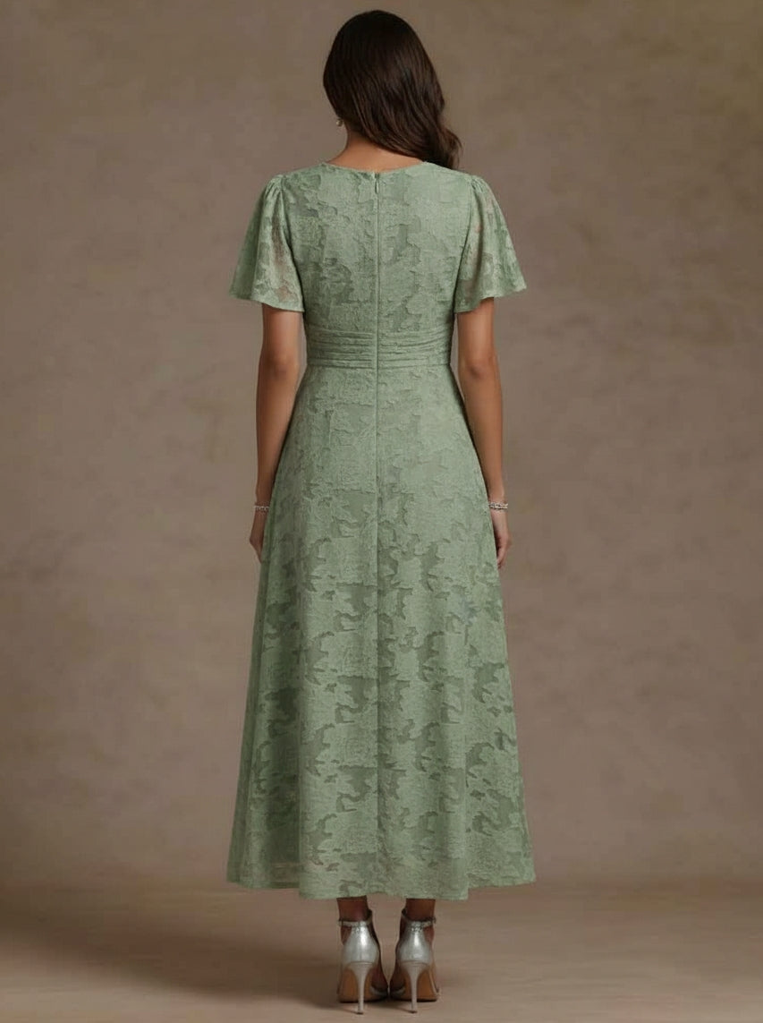 A-Line/Princess V-Neck Floral Burnout Mother of the Bride Dresses Short Sleeves Ankle-Length Ruched