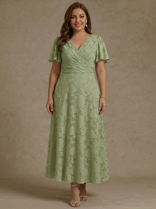 A-Line/Princess V-Neck Floral Burnout Plus Size Mother of the Bride Dresses Short Sleeves Ankle-Length Ruched