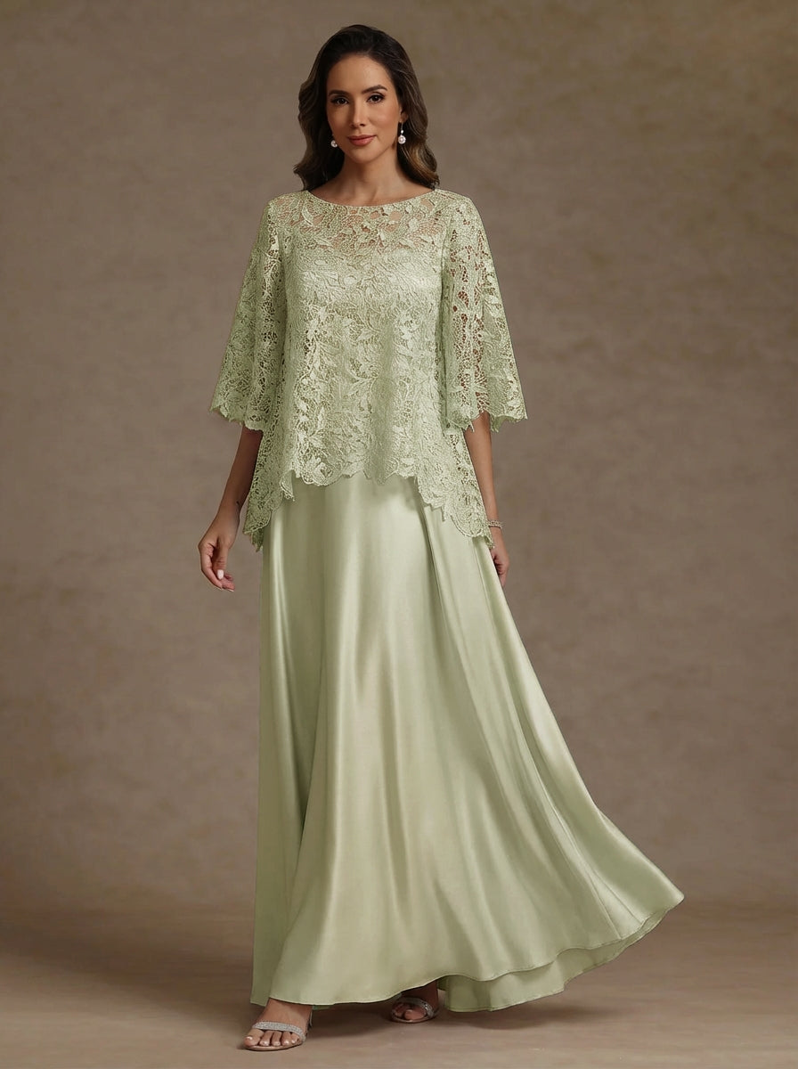 2 Pieces A-Line/Princess Silk Satin Scoop Mother ofthe Bride Dresses  Lace Floor Length Short Sleeves