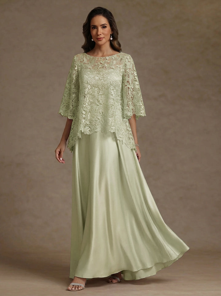 2 Pieces A-Line/Princess Silk Satin Scoop Mother ofthe Bride Dresses  Lace Floor Length Short Sleeves