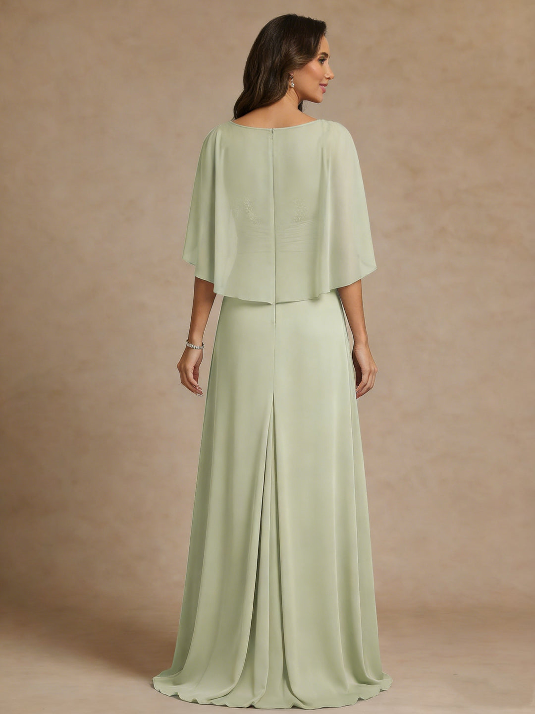 A-Line/Princess Scoop Chiffon Mother of the Bride Dresses Lace Floor-Length Cape Sleeves Ruched
