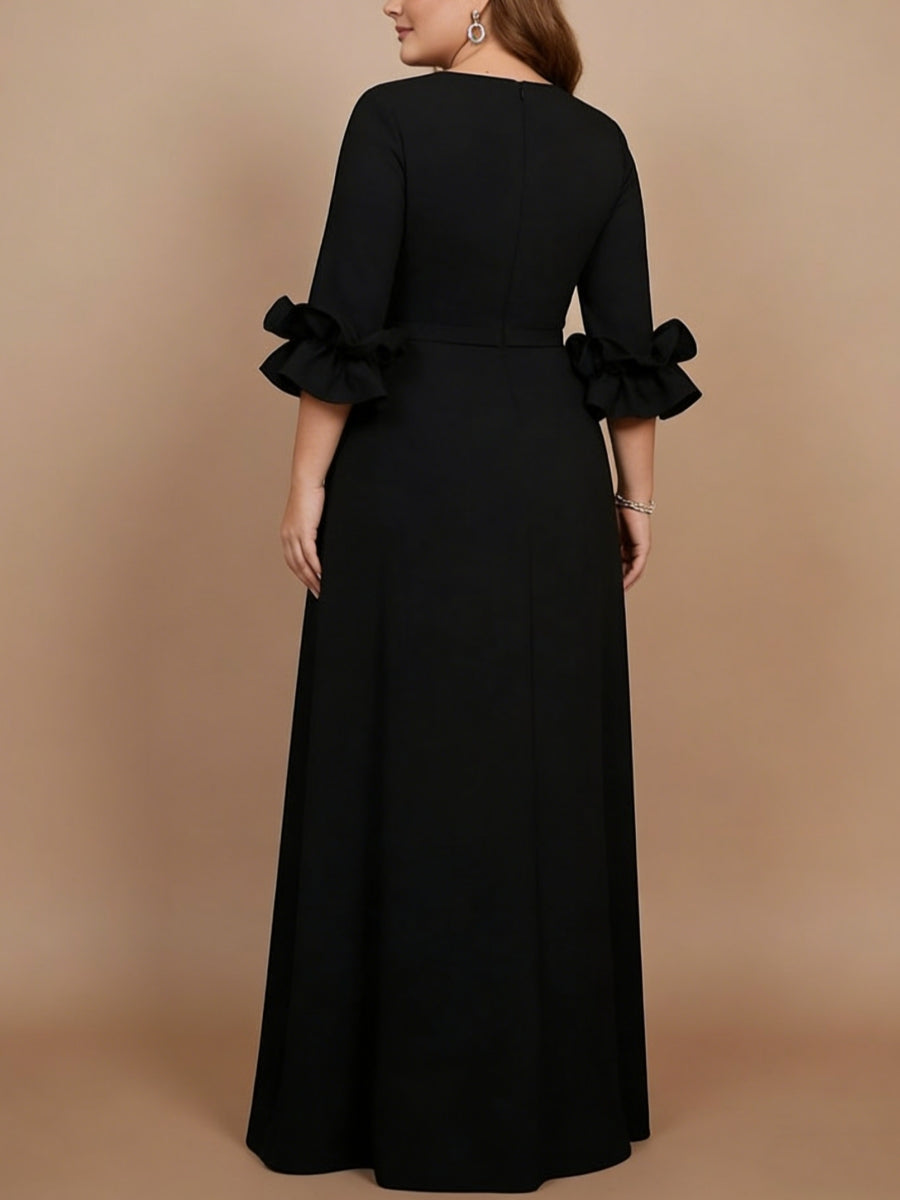 A-Line/Princess Scoop Stretch Satin Plus Size Mother of the Bride Dresses Floor-Length 3/4 Sleeves Ruffles