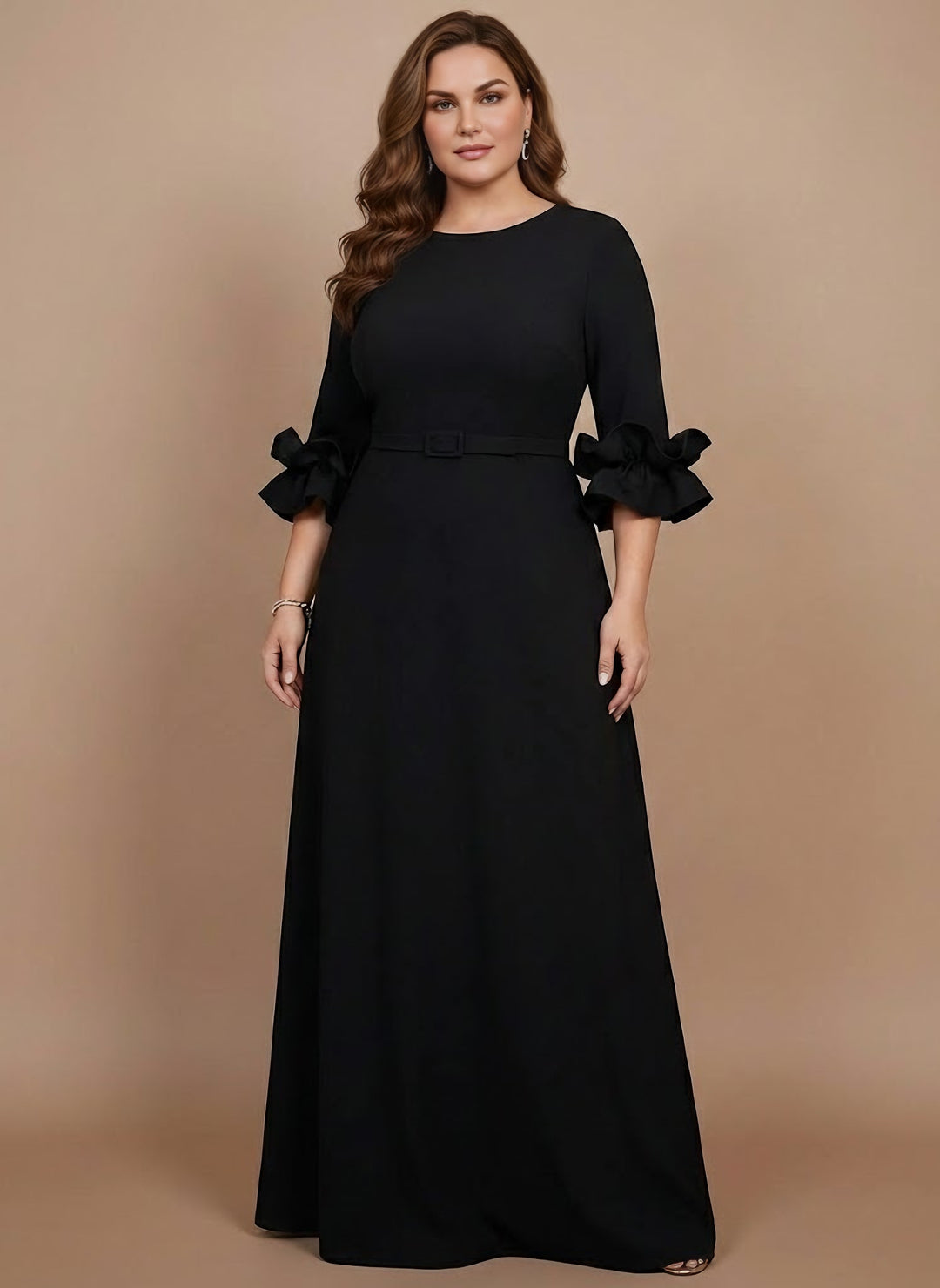 A-Line/Princess Scoop Stretch Satin Plus Size Mother of the Bride Dresses Floor-Length 3/4 Sleeves Ruffles