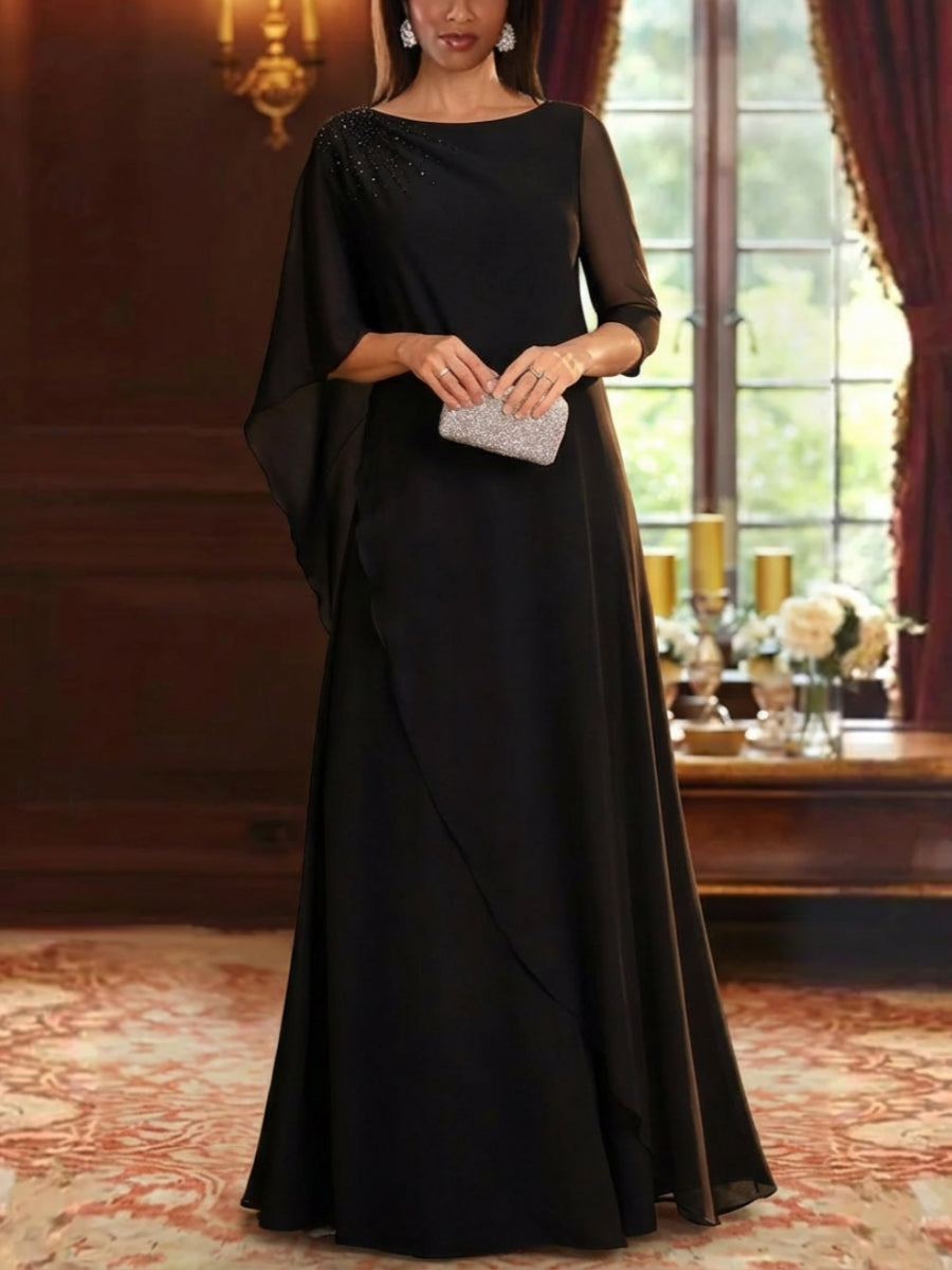 A-Line/Princess Scoop Chiffon Mother of the Bride Dresses Floor-Length Half Sleeves Beading