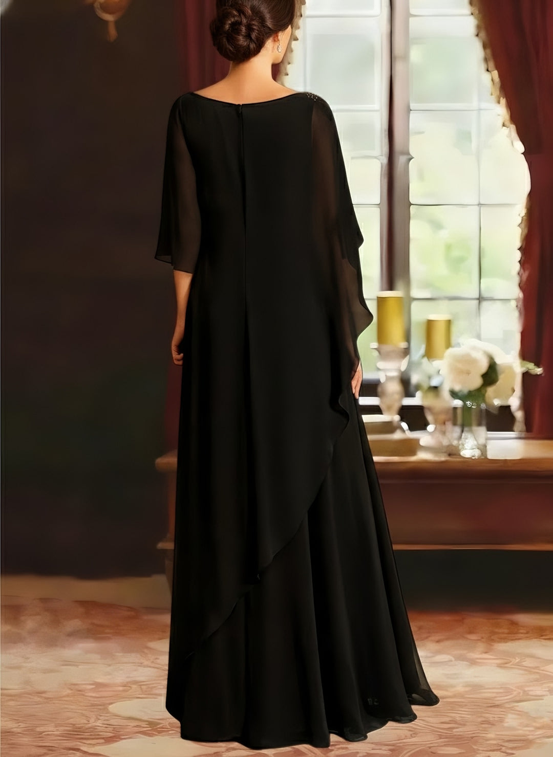 A-Line/Princess Scoop Chiffon Mother of the Bride Dresses Floor-Length Half Sleeves Beading