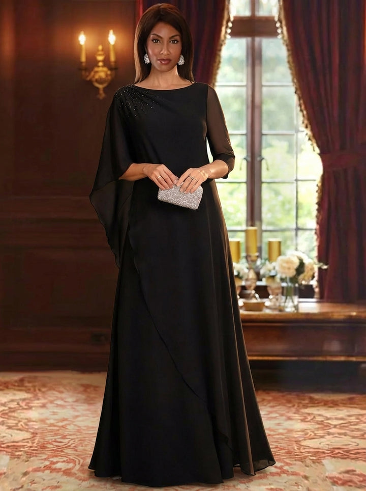 A-Line/Princess Scoop Chiffon Mother of the Bride Dresses Floor-Length Half Sleeves Beading