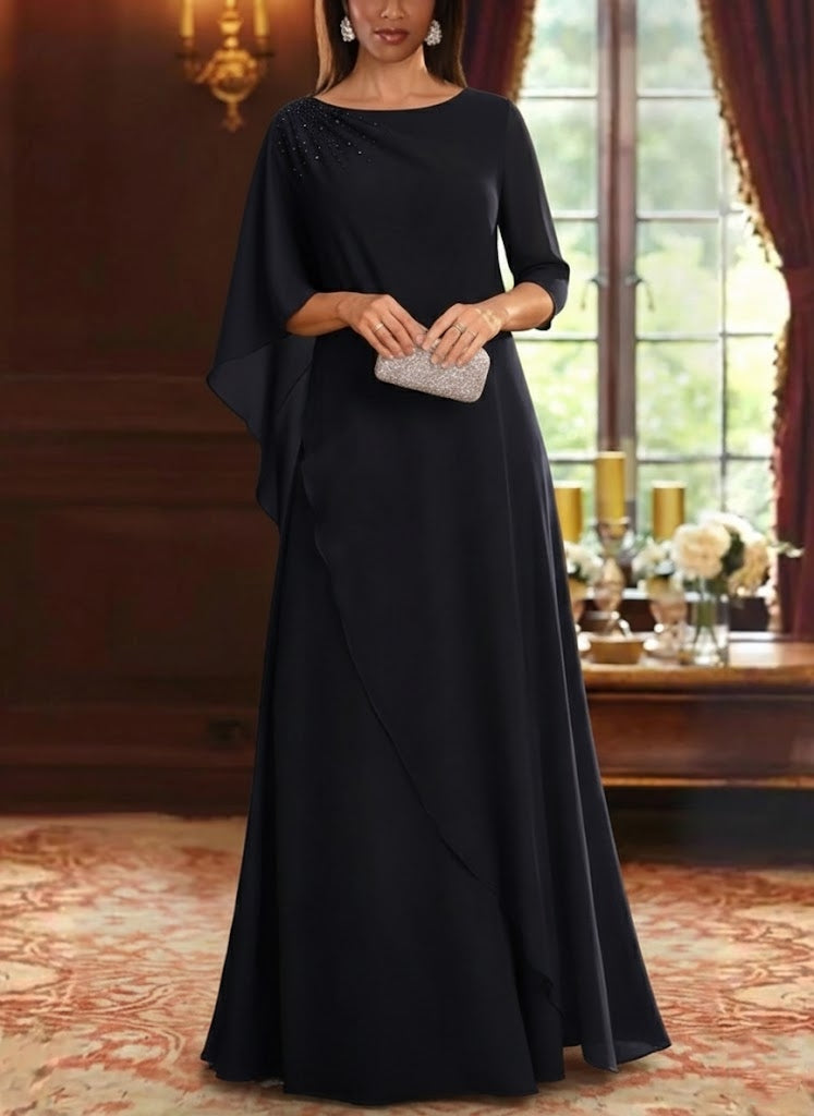 A-Line/Princess Scoop Chiffon Mother of the Bride Dresses Floor-Length Half Sleeves Beading