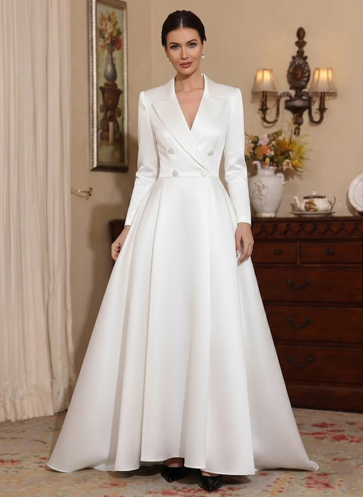A-Line/Princess V-Neck Satin Mother of the Bride Dresses Long Sleeves Floor-Length Pleated
