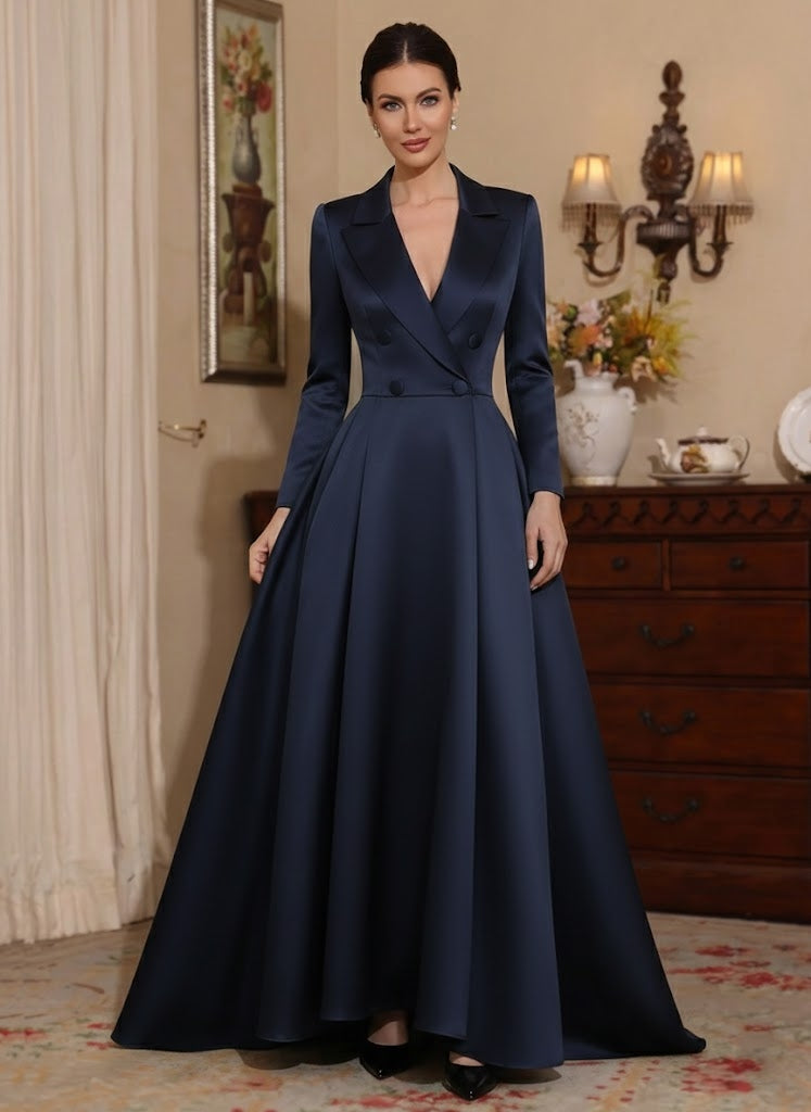 A-Line/Princess V-Neck Satin Mother of the Bride Dresses Long Sleeves Floor-Length Pleated