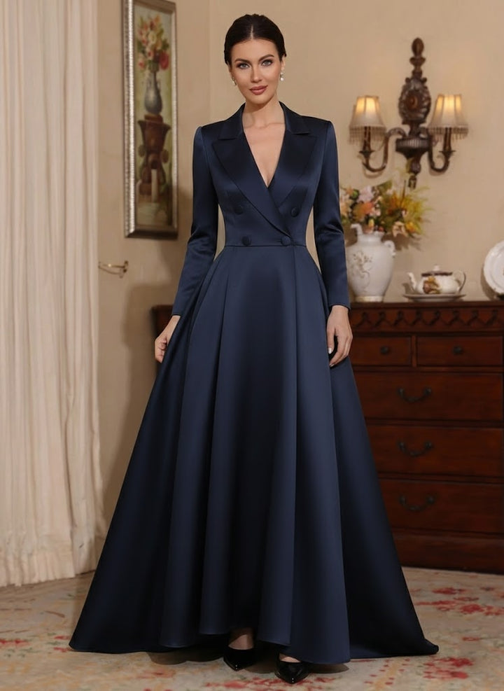 A-Line/Princess V-Neck Satin Mother of the Bride Dresses Long Sleeves Floor-Length Pleated