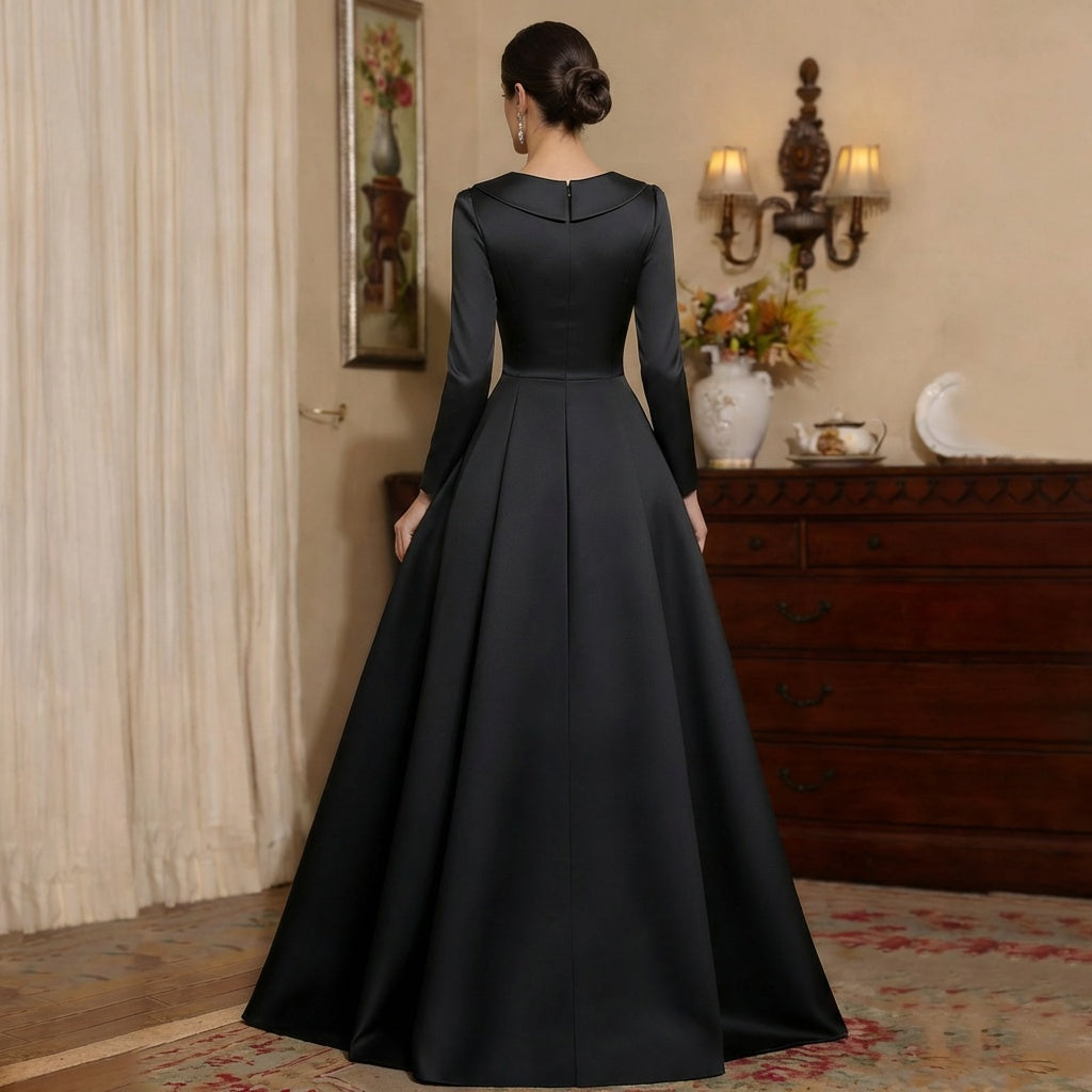 A-Line/Princess V-Neck Satin Mother of the Bride Dresses Long Sleeves Floor-Length Pleated