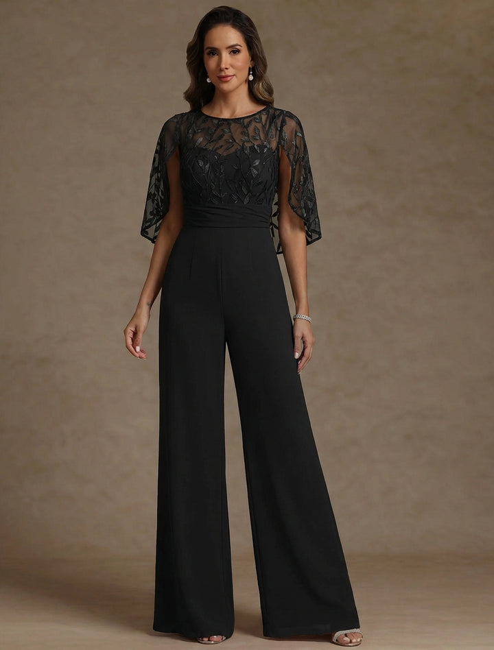 Chiffon Mother of the Bride Jumpsuits Scoop Lace Floor-Length Cape Sleeves