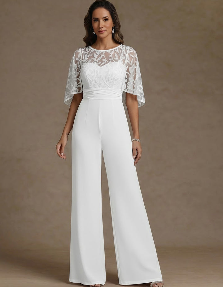 Chiffon Mother of the Bride Jumpsuits Scoop Lace Floor-Length Cape Sleeves