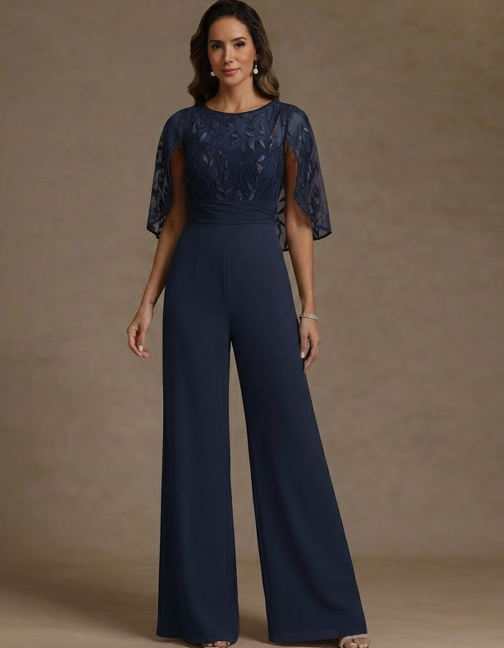 Chiffon Mother of the Bride Jumpsuits Scoop Lace Floor-Length Cape Sleeves