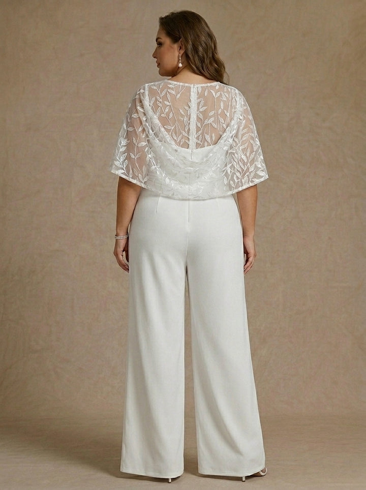Chiffon Plus Size Mother of the Bride Jumpsuits Scoop Lace Floor-Length Cape Sleeves