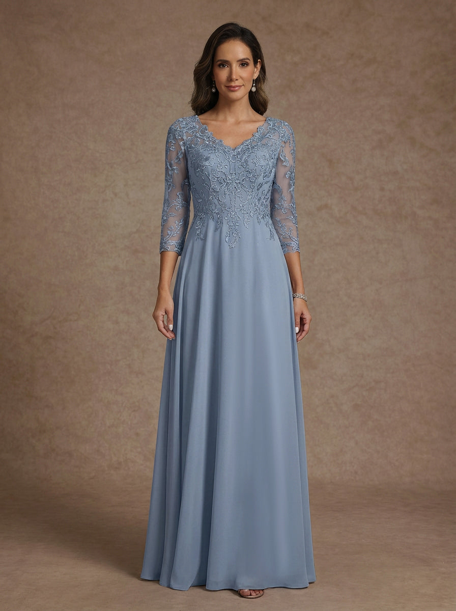 A-Line/Princess V-Neck Chiffon Mother of the Bride Dresses Floor-Length Half Sleeves Lace Appliques