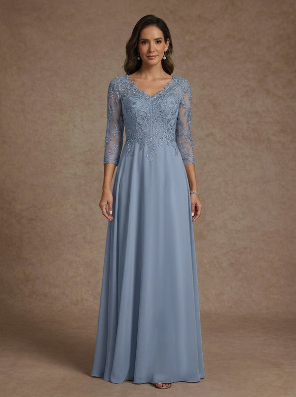 A-Line/Princess V-Neck Chiffon Mother of the Bride Dresses Floor-Length Half Sleeves Lace Appliques