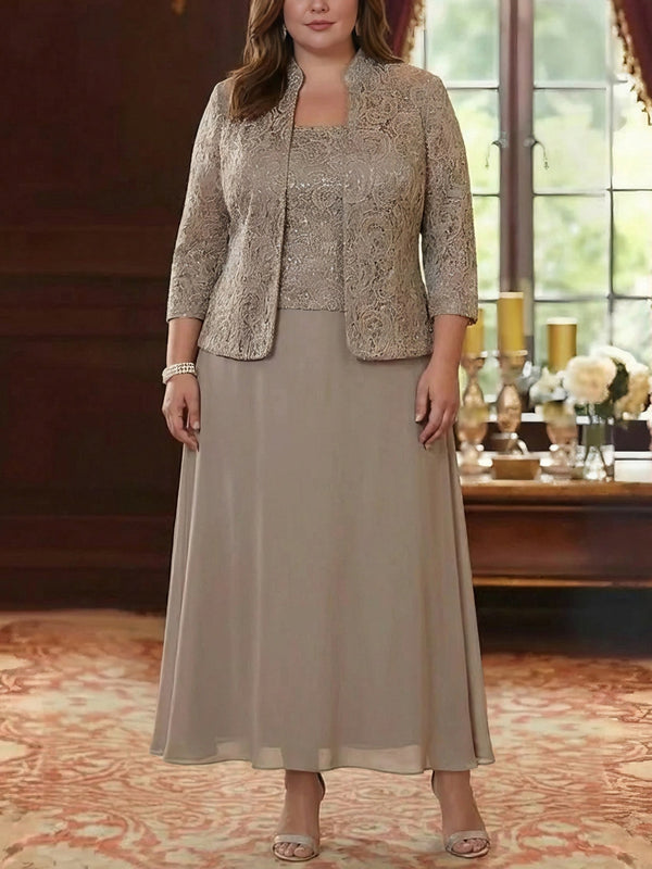 2 Pieces A-Line/Princess Square Collar Chiffon Plus Size Mother of the Bride Dresses with Jacket Lace Ankle-Length 3/4 Sleeves