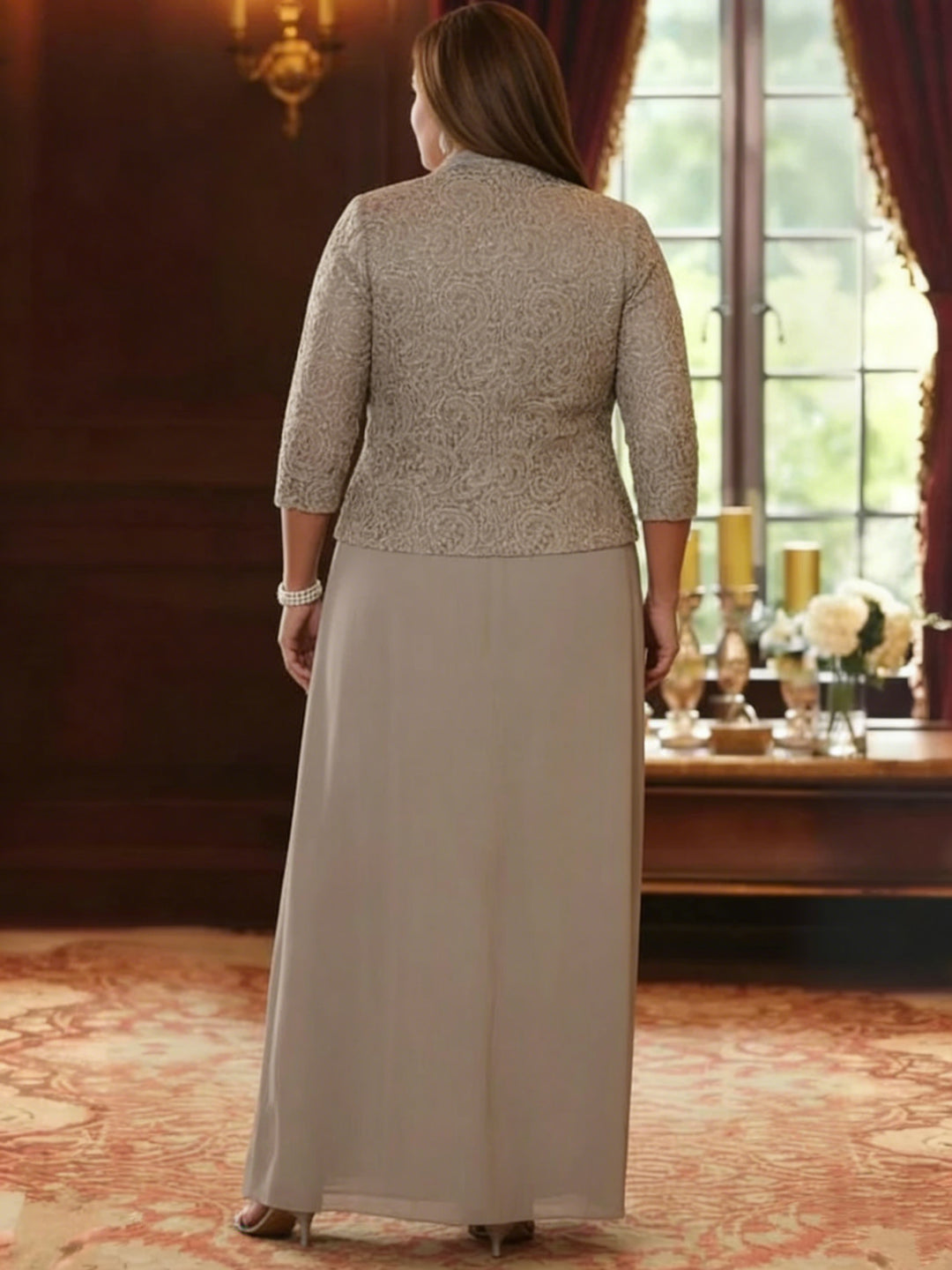 2 Pieces A-Line/Princess Square Collar Chiffon Plus Size Mother of the Bride Dresses with Jacket Lace Ankle-Length 3/4 Sleeves