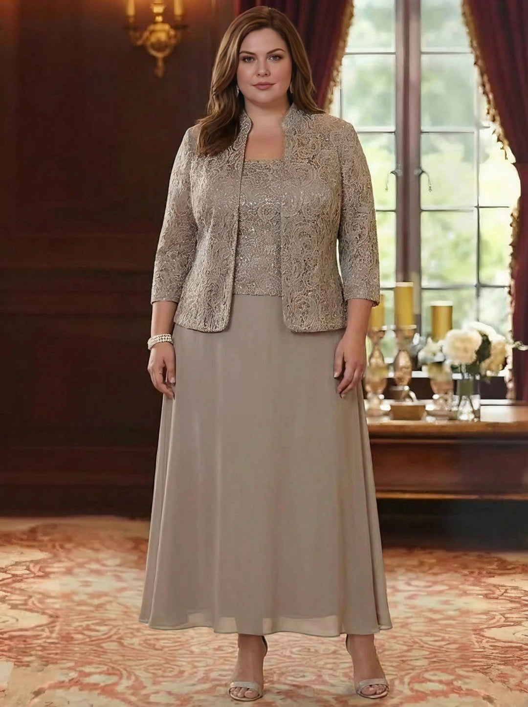 2 Pieces A-Line/Princess Square Collar Chiffon Plus Size Mother of the Bride Dresses with Jacket Lace Ankle-Length 3/4 Sleeves