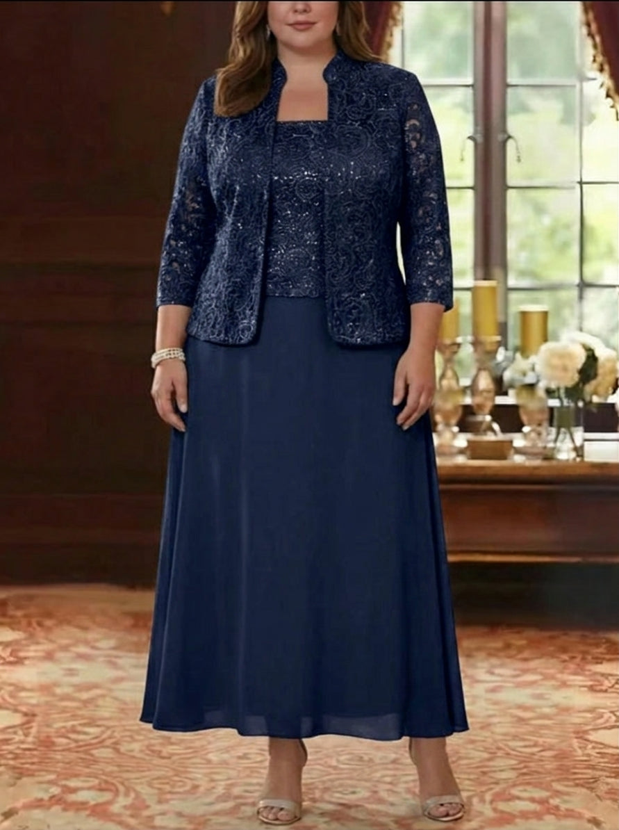 2 Pieces A-Line/Princess Square Collar Chiffon Plus Size Mother of the Bride Dresses with Jacket Lace Ankle-Length 3/4 Sleeves