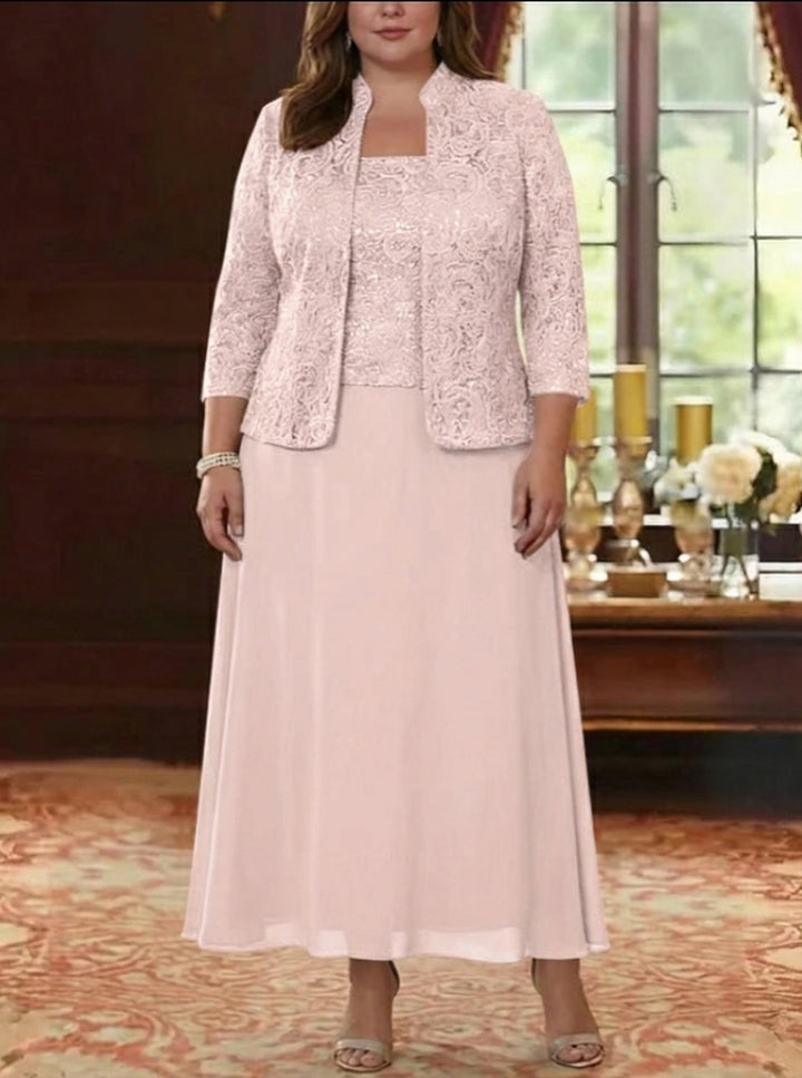 2 Pieces A-Line/Princess Square Collar Chiffon Plus Size Mother of the Bride Dresses with Jacket Lace Ankle-Length 3/4 Sleeves