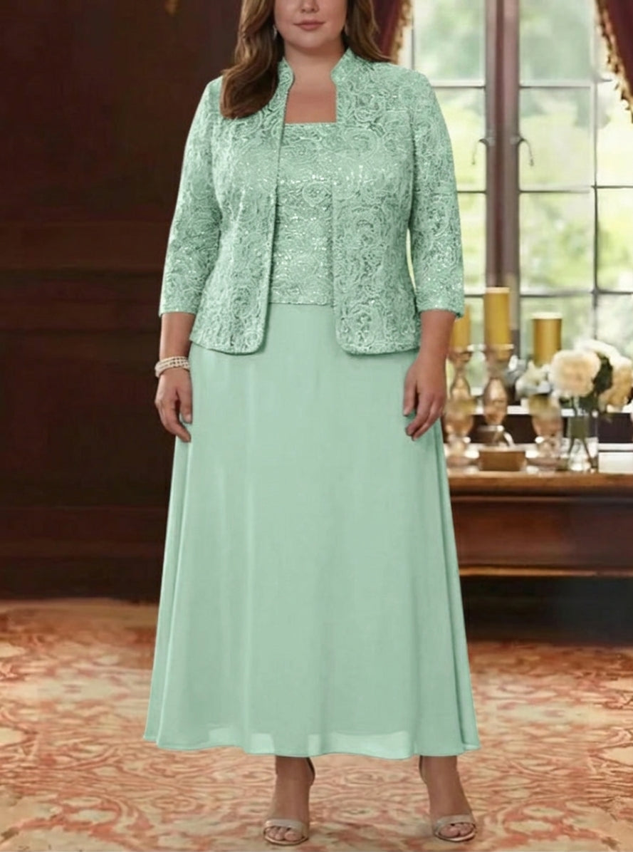 2 Pieces A-Line/Princess Square Collar Chiffon Plus Size Mother of the Bride Dresses with Jacket Lace Ankle-Length 3/4 Sleeves