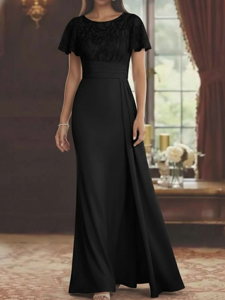 Sheath/Column Scoop Stretch Satin Mother of the Bride Dresses with Watteau Train Lace Floor-Length Short Sleeves
