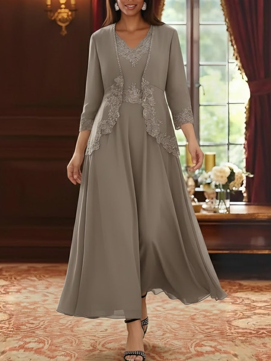 2 Pieces A-Line/Princess V-Neck Chiffon Mother of the Bride Dresses with Jacket Lace Ankle-Length 3/4 Sleeves