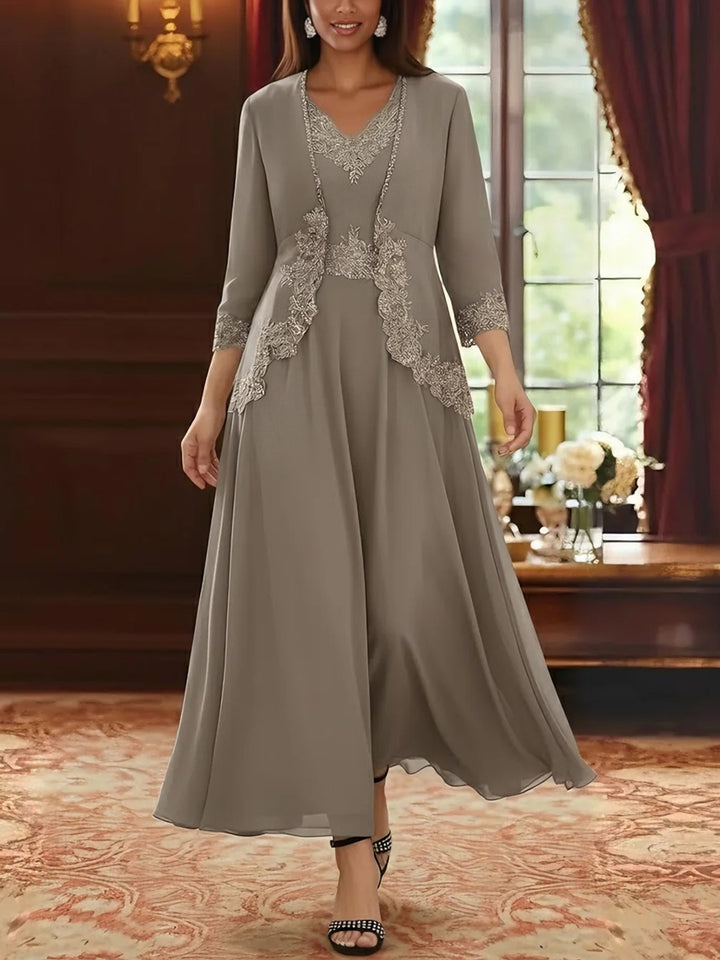 2 Pieces A-Line/Princess V-Neck Chiffon Mother of the Bride Dresses with Jacket Lace Ankle-Length 3/4 Sleeves