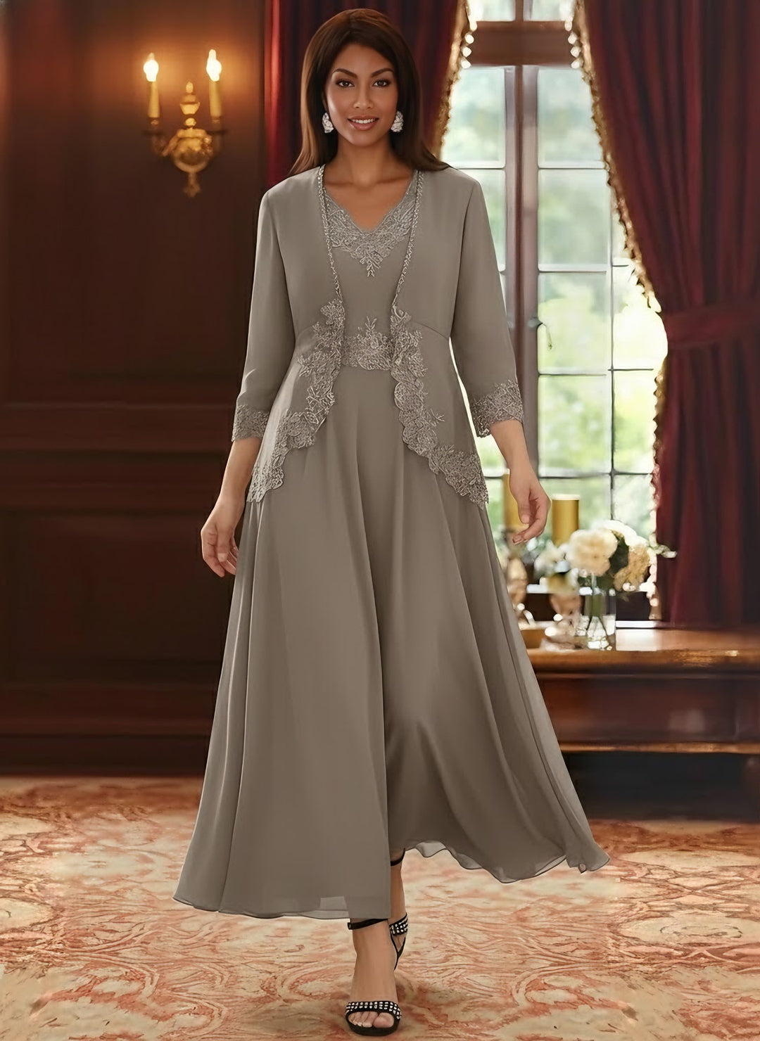 2 Pieces A-Line/Princess V-Neck Chiffon Mother of the Bride Dresses with Jacket Lace Ankle-Length 3/4 Sleeves