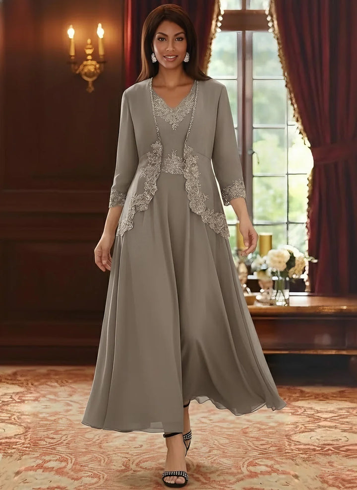 2 Pieces A-Line/Princess V-Neck Chiffon Mother of the Bride Dresses with Jacket Lace Ankle-Length 3/4 Sleeves