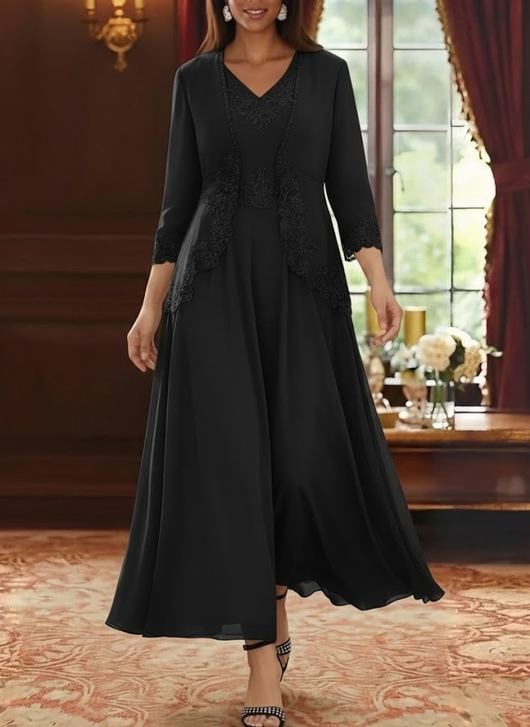 2 Pieces A-Line/Princess V-Neck Chiffon Mother of the Bride Dresses with Jacket Lace Ankle-Length 3/4 Sleeves