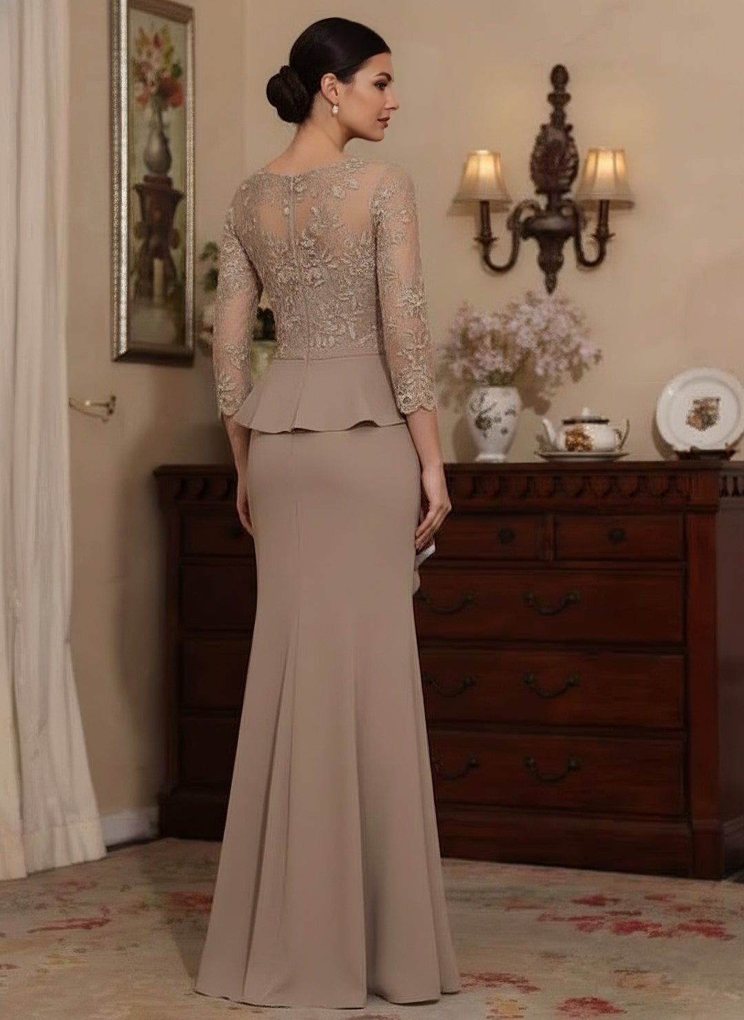 Trumpet/Mermaid Scoop Chiffon Mother of the Bride Dresses Lace Floor-Length 3/4 Sleeves Ruffles