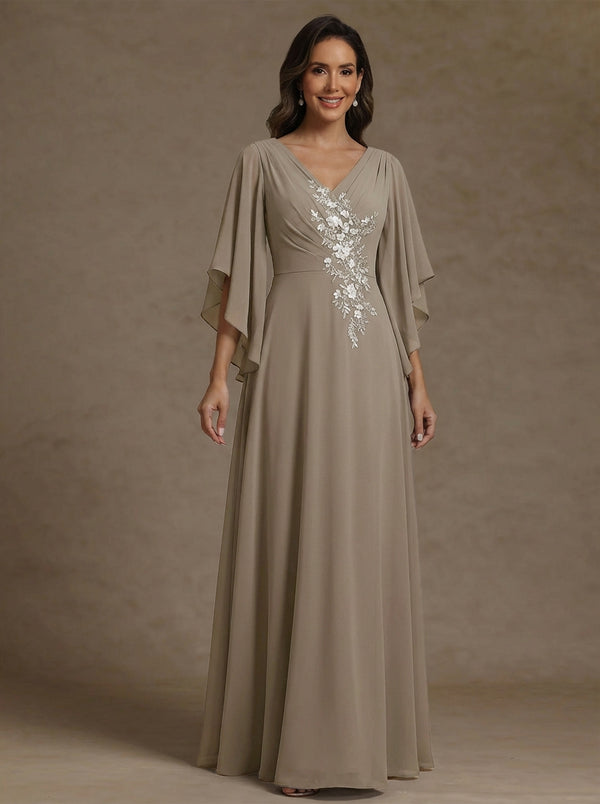 A-Line/Princess V-Neck Chiffon Mother of the Bride Dresses Floor-Length Half Sleeves Floral Lace Appliques